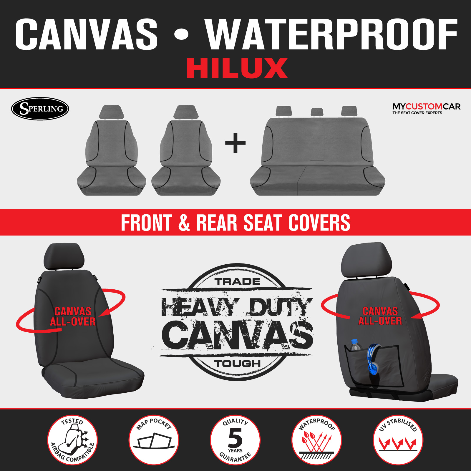 For Toyota HiLux Dual Cab 2015-On TRADIES Grey Canvas Seat Covers